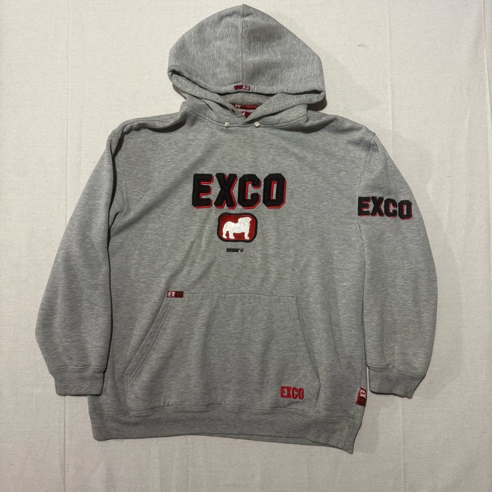 Y2K Exco Bulldog Kickin It Hoodie Baggy Fit Embroidered Grey Red Black Size XL